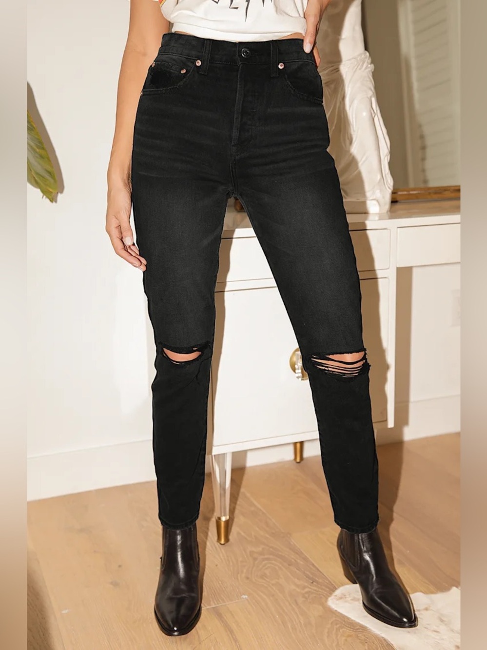 Pistola Keaton Washed Black Distressed High Rise Slim Straight Jeans 27